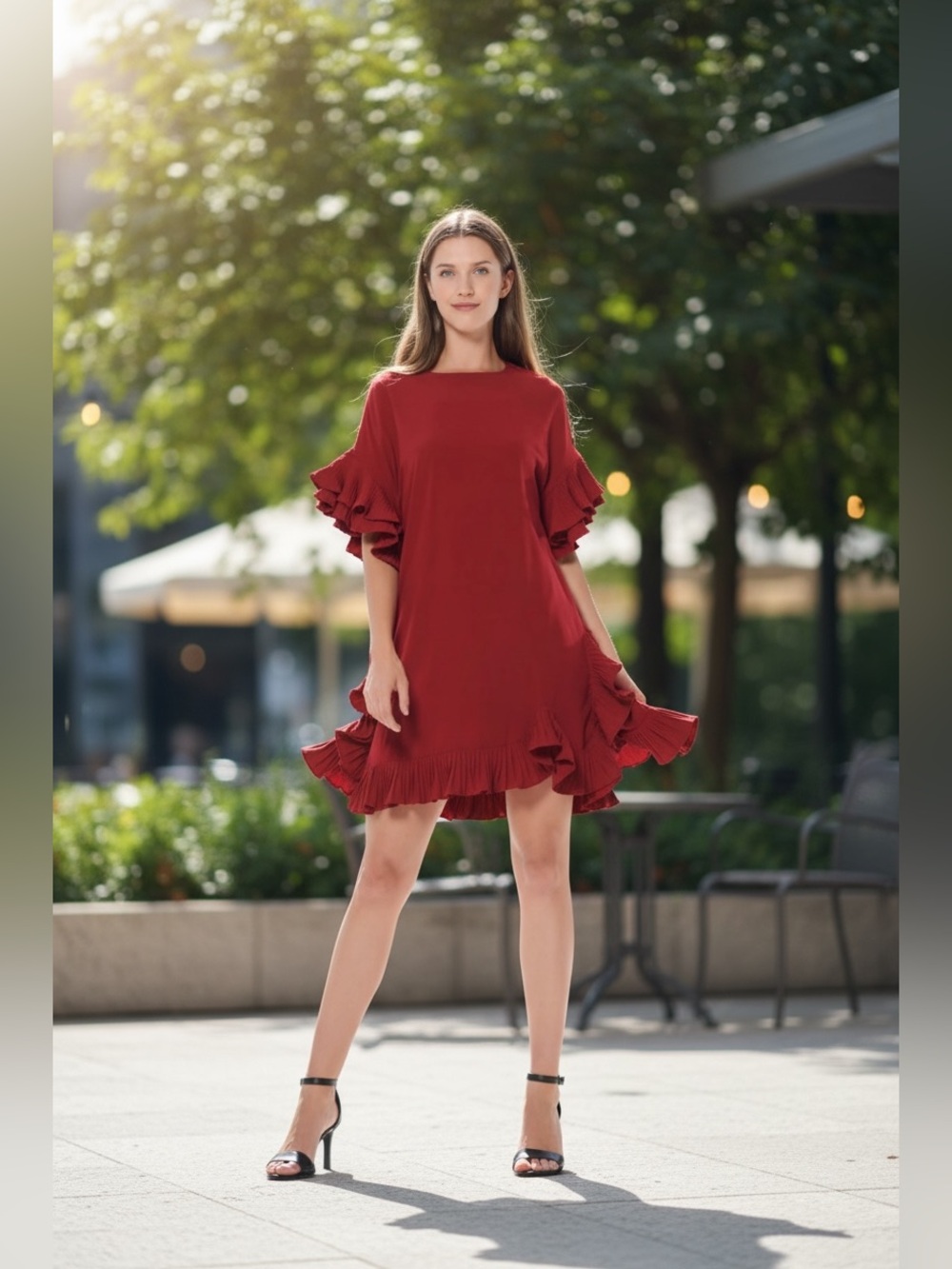 Elegant Pleated Ruffle Trim Dress